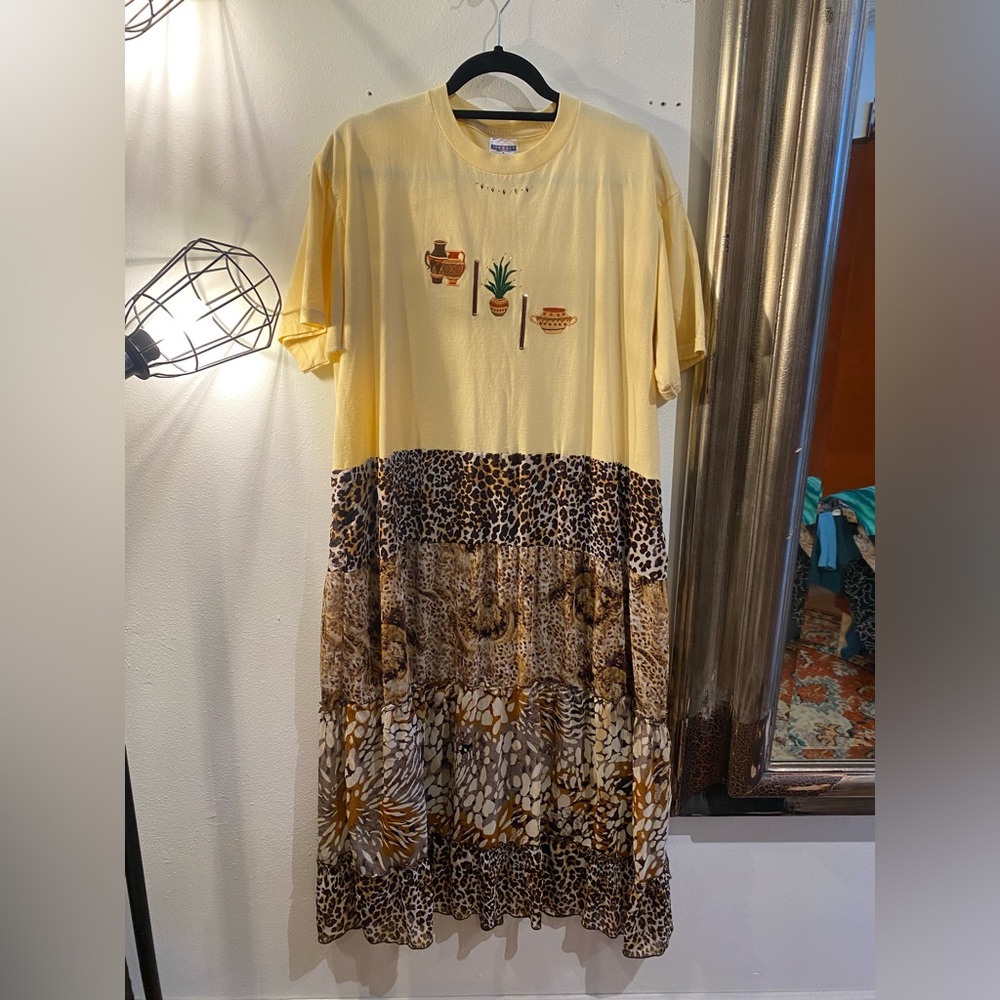 OOAK Upcycled SW motif Yellow and Animal Print Maxi Dress